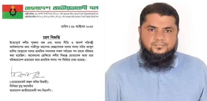 গাজীপুর স্বেচ্ছাসেবক দলের নেতা হালিম মোল্লার বহিষ্কারাদেশ প্রত্যাহার