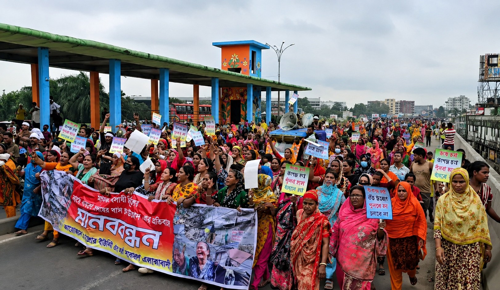 হাজী মাজার বস্তি উচ্ছেদের প্রতিবাদে মহাসড়ক অবরোধ, পুনর্বাসনের দাবি